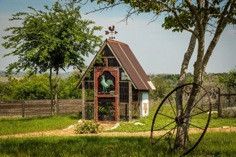 Decorative chicken coop with rooster weathervane and an old iron wheel